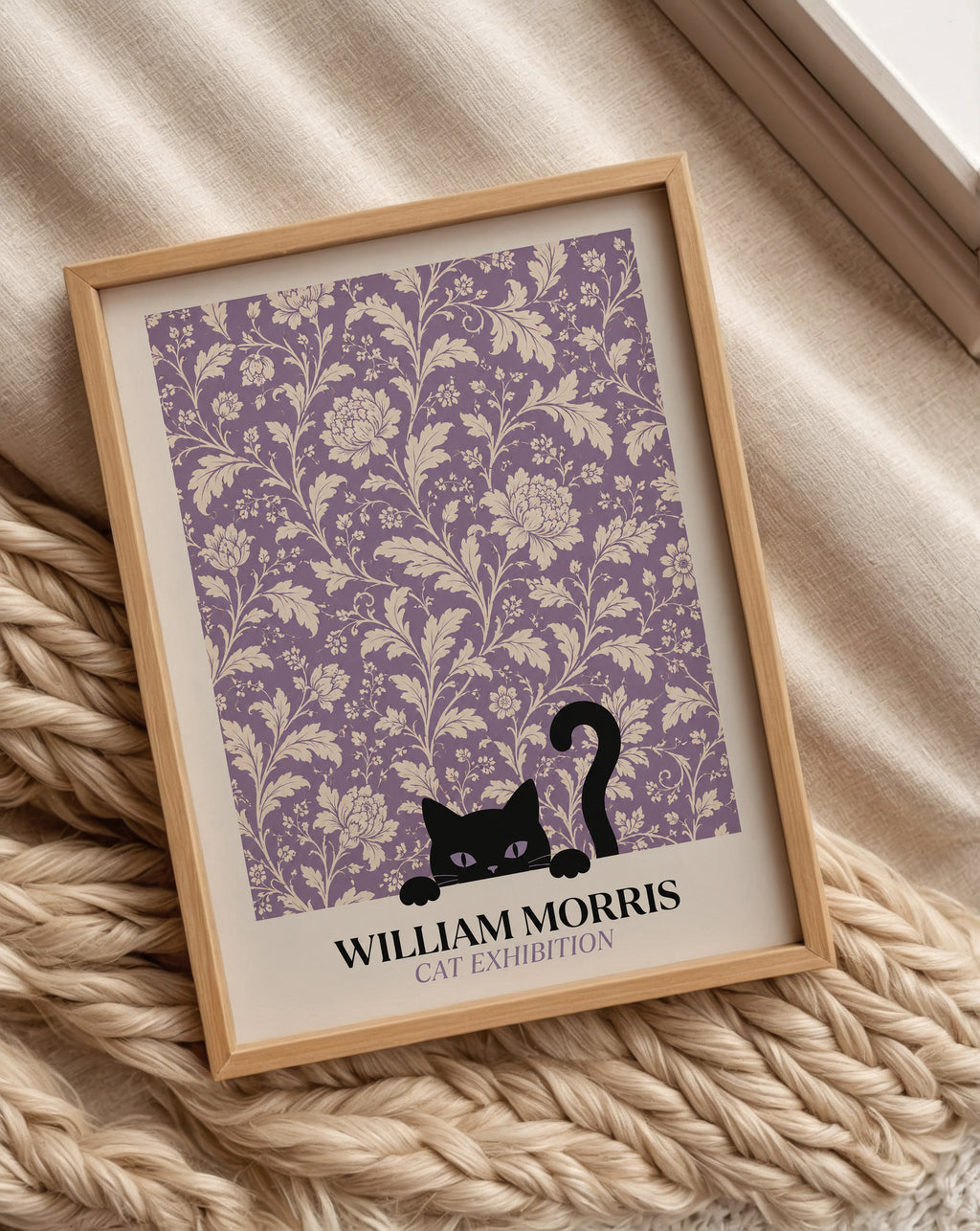 Cat in the Peony William Morris Poster – svart katt bland William Morris pionmönster i lavendelton