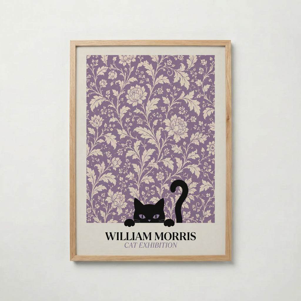 Cat in the Peony William Morris Poster – svart katt bland William Morris pionmönster i lavendelton