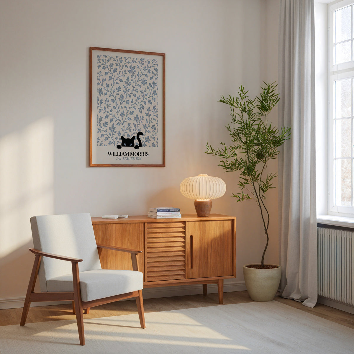 Cat in the Willow William Morris Poster – svart katt i William Morris minimalistiska pilmönster i blågrått