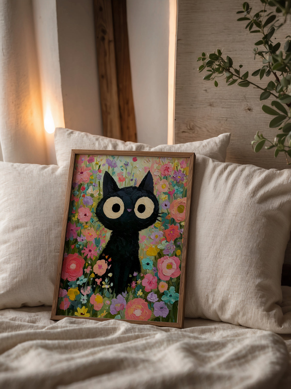 Colorful Cat in Bloom Poster – svart katt i färgsprakande blomhav i modern hemmiljö, poster från Bozetto