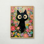 Colorful Cat in Bloom Poster – svart katt i färgsprakande blomhav i ekram, väggkonst från Bozetto