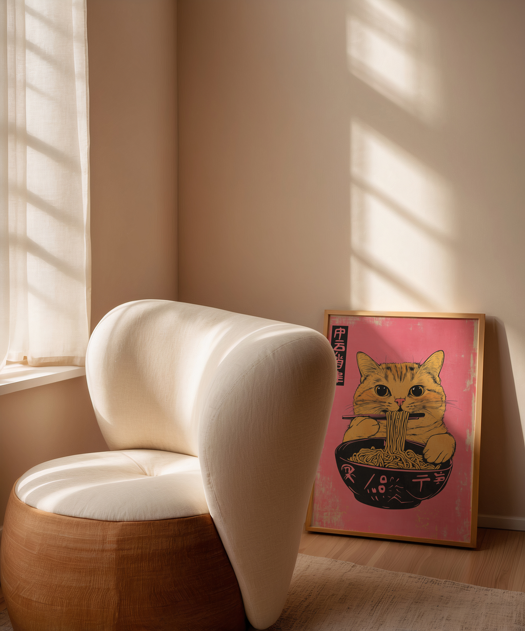 Mockup av Yellow Cat Eats Noodle affisch på vägg – köp enkelt hos Bozetto i hög kvalitet