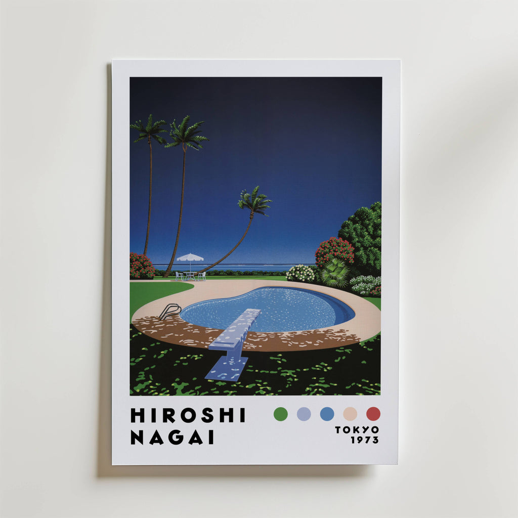 Mockup av Hiroshi Nagai Poolside affisch på vägg – köp enkelt hos Bozetto i hög kvalitet