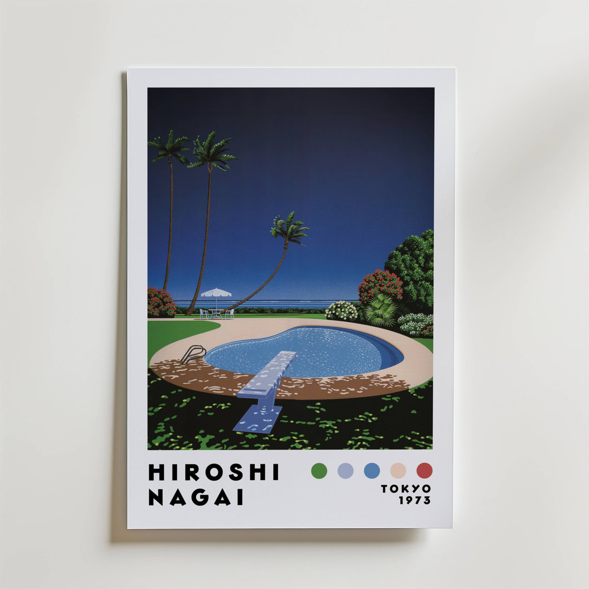 Mockup av Hiroshi Nagai Poolside affisch på vägg – köp enkelt hos Bozetto i hög kvalitet