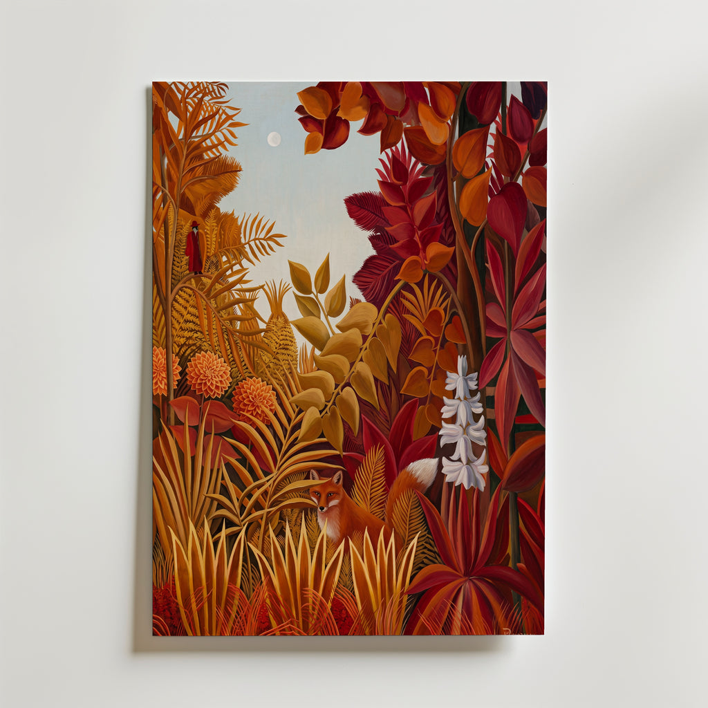 Crimson Grove Poster – painterly illustration av röd räv i flammande höstlövverk