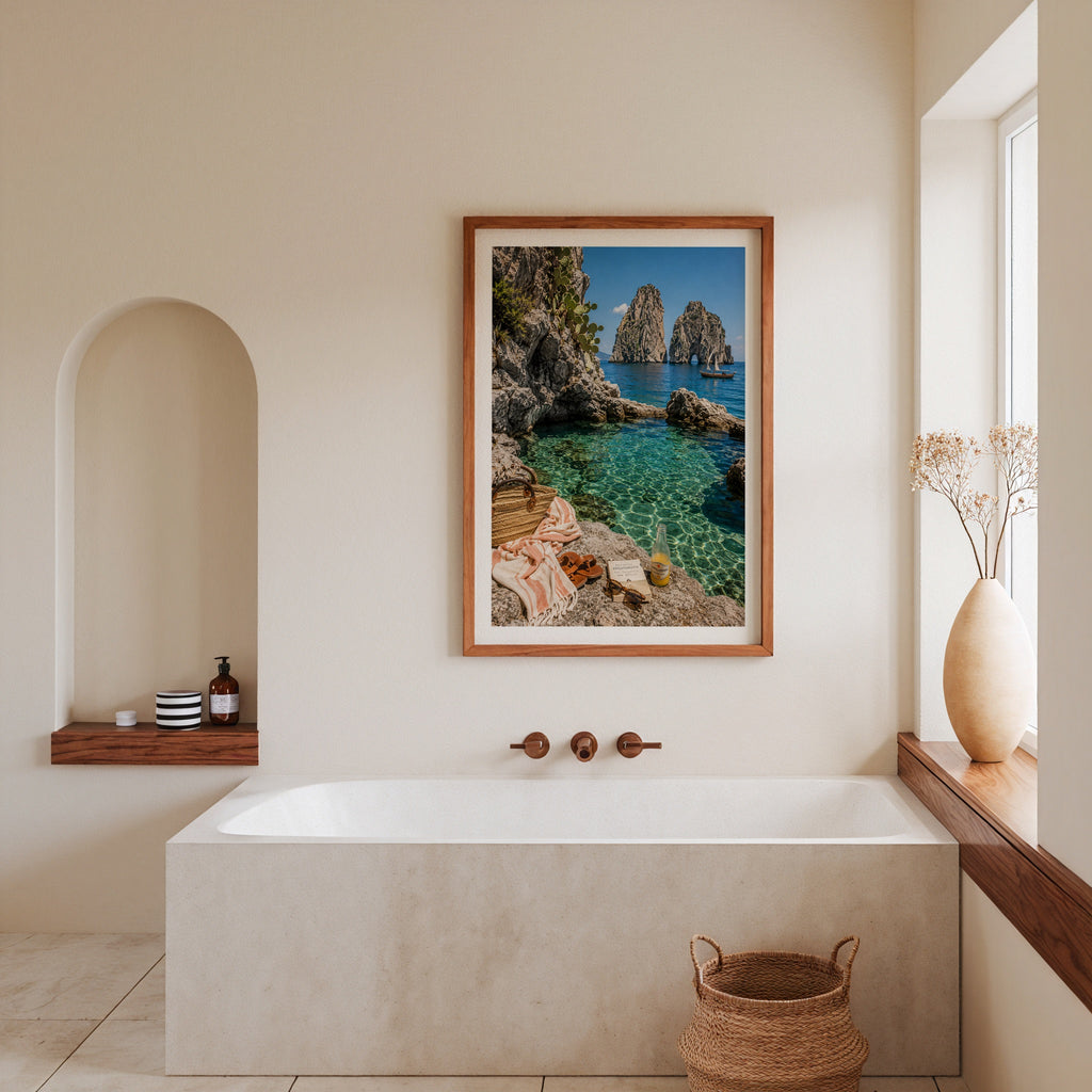 Marco Ricci Faraglioni Capri Poster – de ikoniska klippformationerna Faraglioni utanför Capris kust