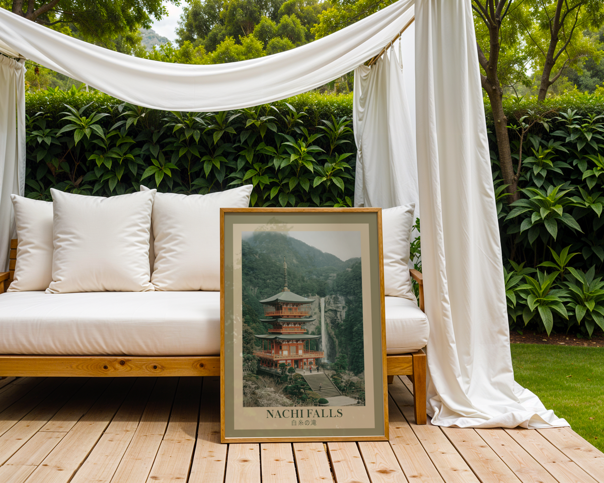 Mockup av Nachi Falls Japanese affisch på vägg – köp enkelt hos Bozetto i hög kvalitet