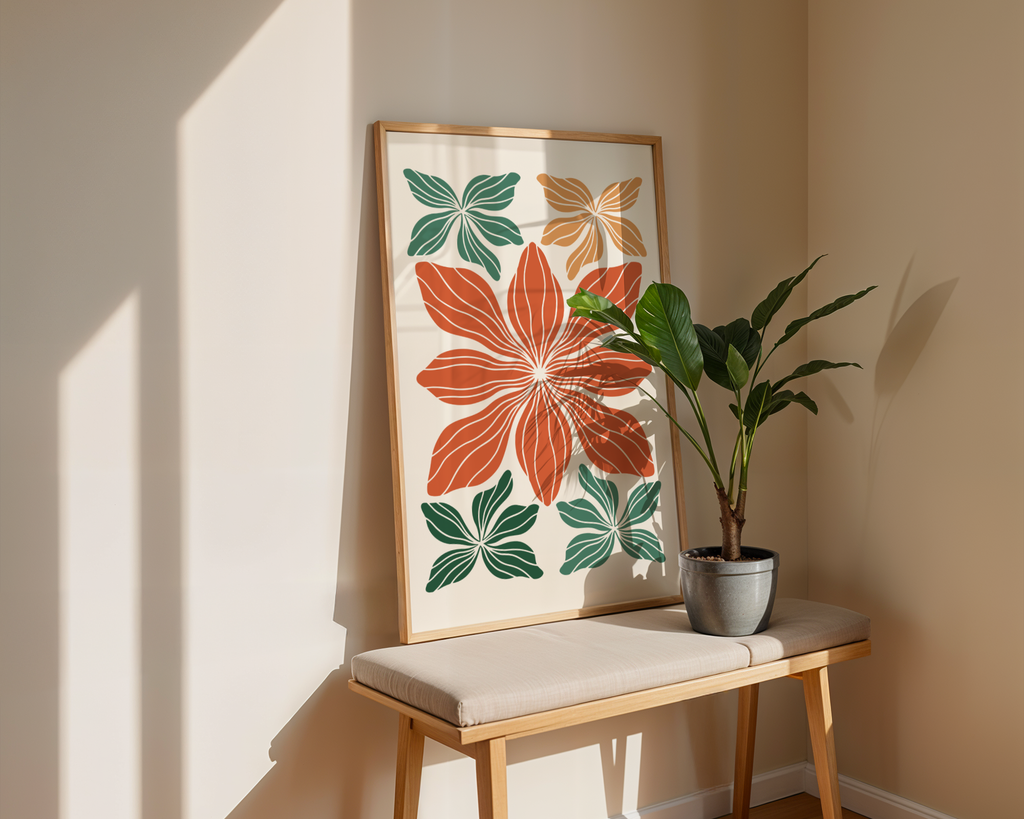 Mockup av Bold Botanical Geometry affisch på vägg – köp enkelt hos Bozetto i hög kvalitet