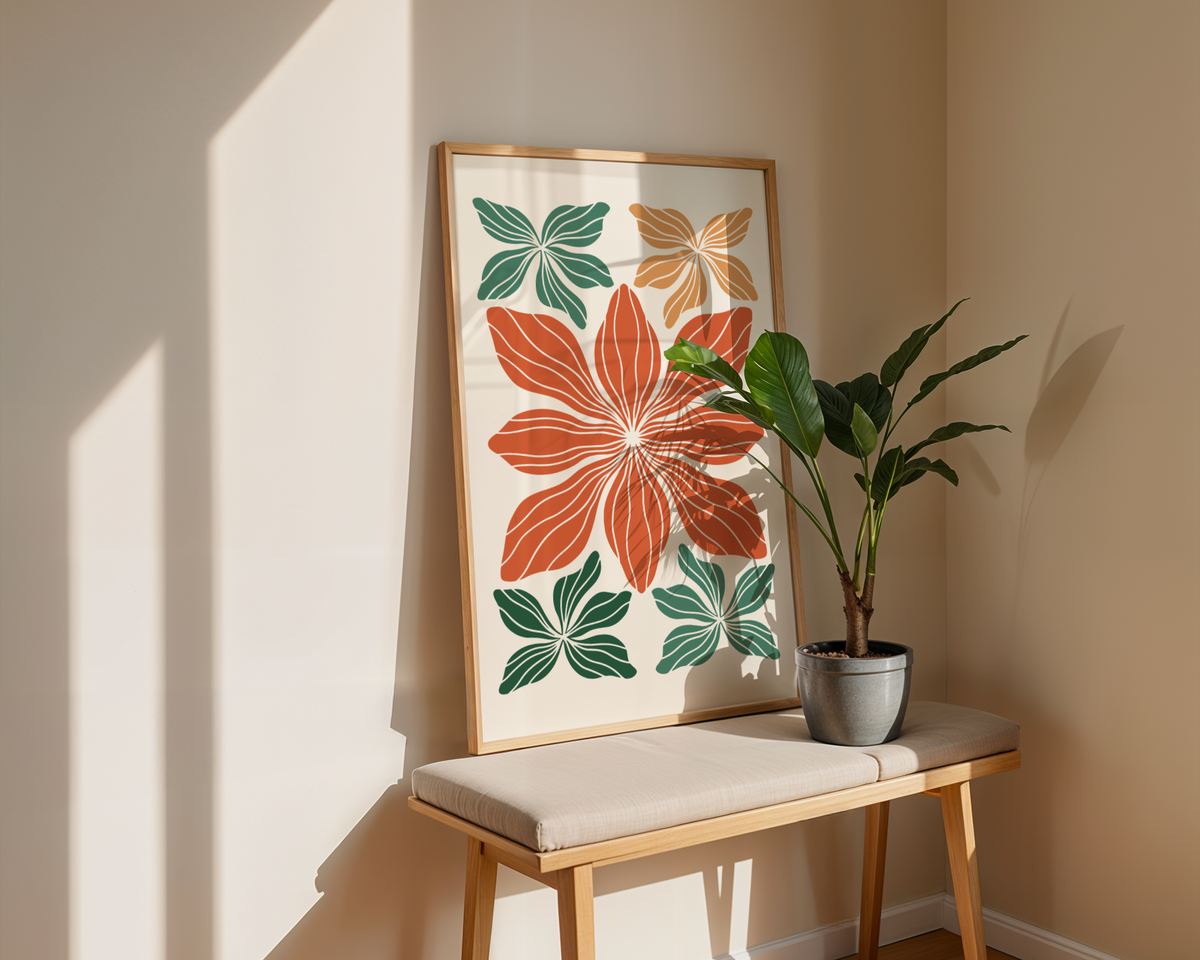 Mockup av Bold Botanical Geometry affisch på vägg – köp enkelt hos Bozetto i hög kvalitet