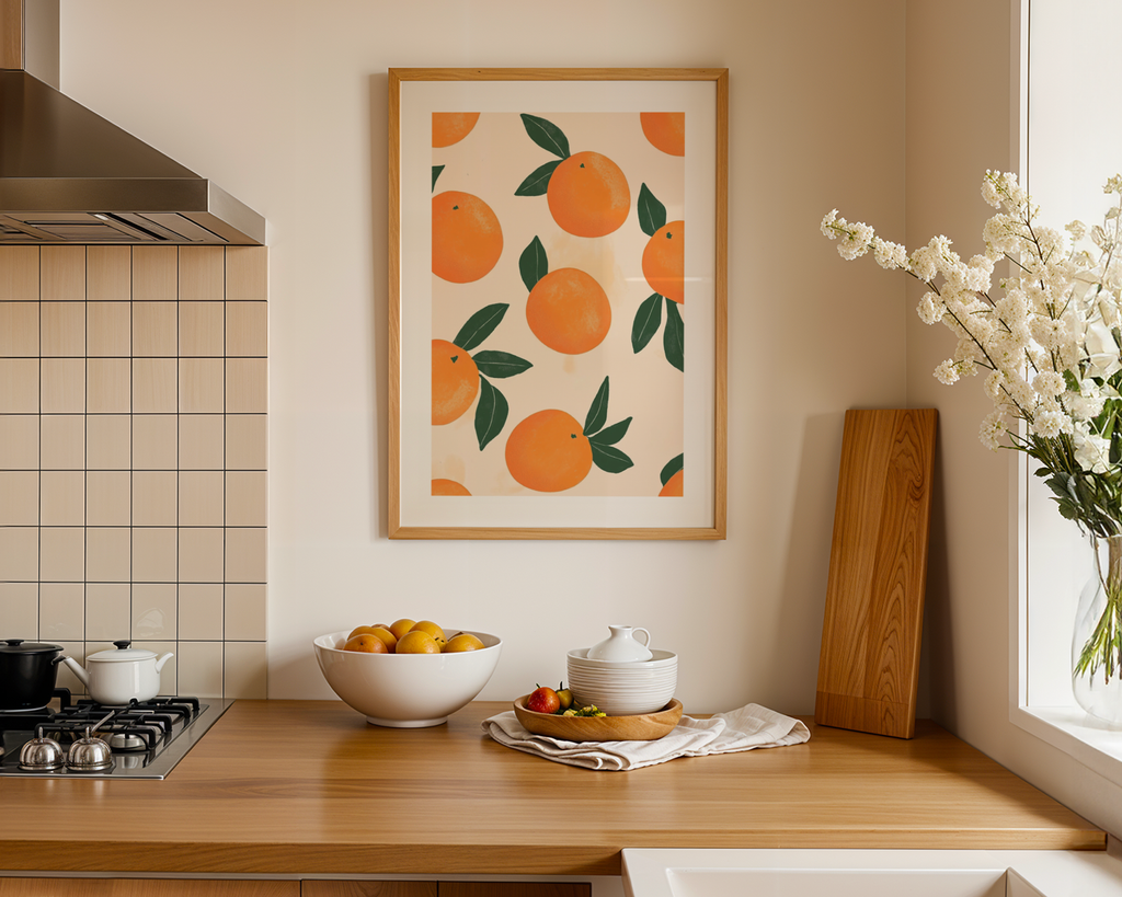 Juicy Joy poster visualiserad på vägg – se rätt storlek med mockup från Bozetto i hög tryckkvalitet