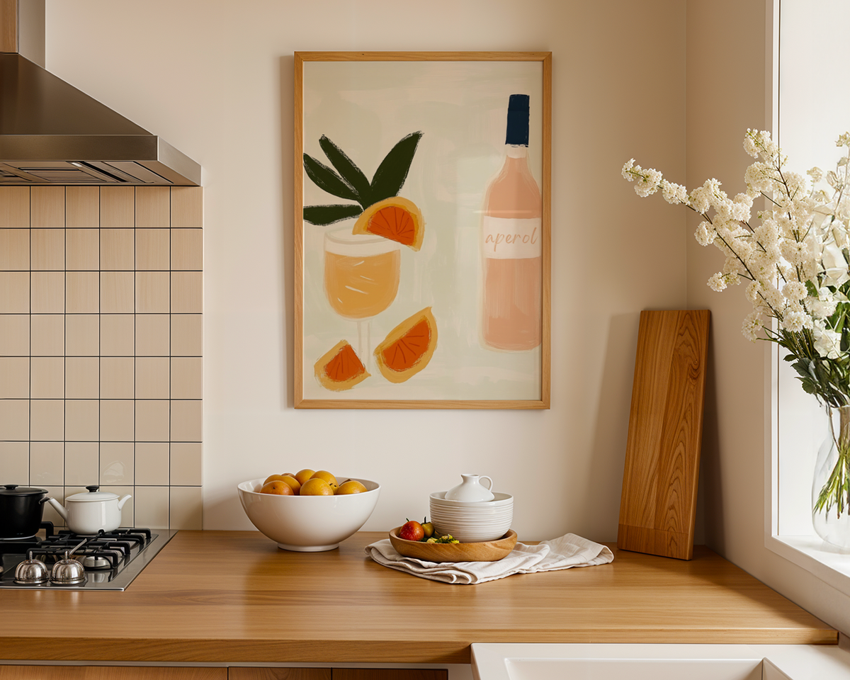 Väggmockup av Simple Aperol affisch på ljus tegelvägg – Bozetto konsttryck i hög tryckkvalitet