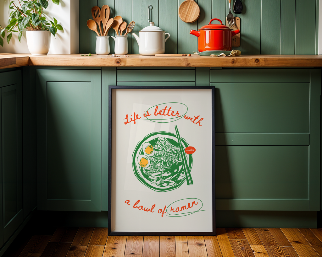 Mockup av Slurp Ramen And Smile affisch på vägg – köp enkelt hos Bozetto i hög kvalitet