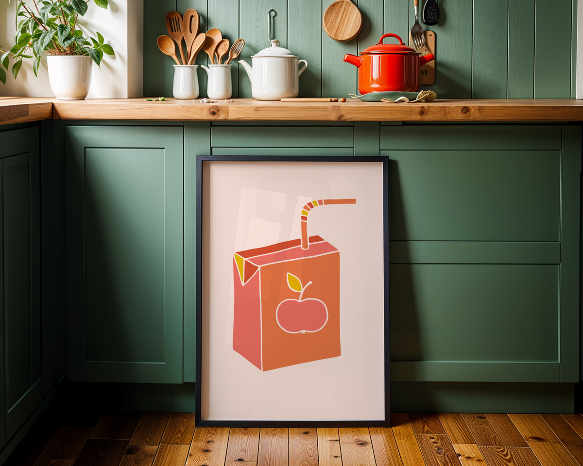 Mockup av Pink Juice Box affisch på vägg – köp enkelt hos Bozetto i hög kvalitet