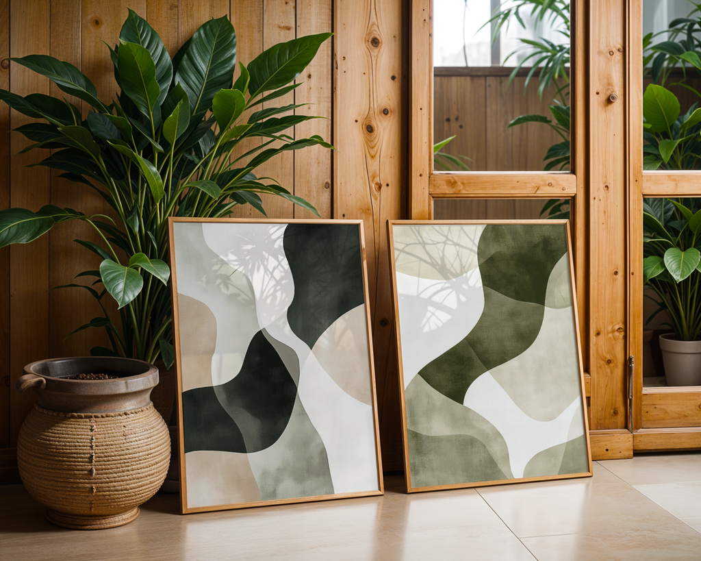 Abstract Green Shapes No.3 poster visualiserad på vägg – från Bozetto i hög kvalitet