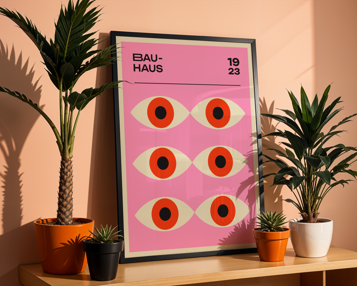 Väggmockup av Bauhaus Gaze affisch på ljus tegelvägg – Bozetto konsttryck i hög tryckkvalitet