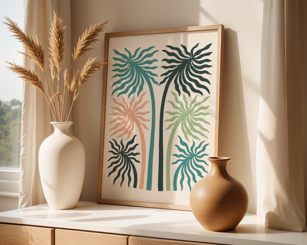 Väggmockup av Pastel Palms affisch på ljus tegelvägg – Bozetto konsttryck i hög tryckkvalitet
