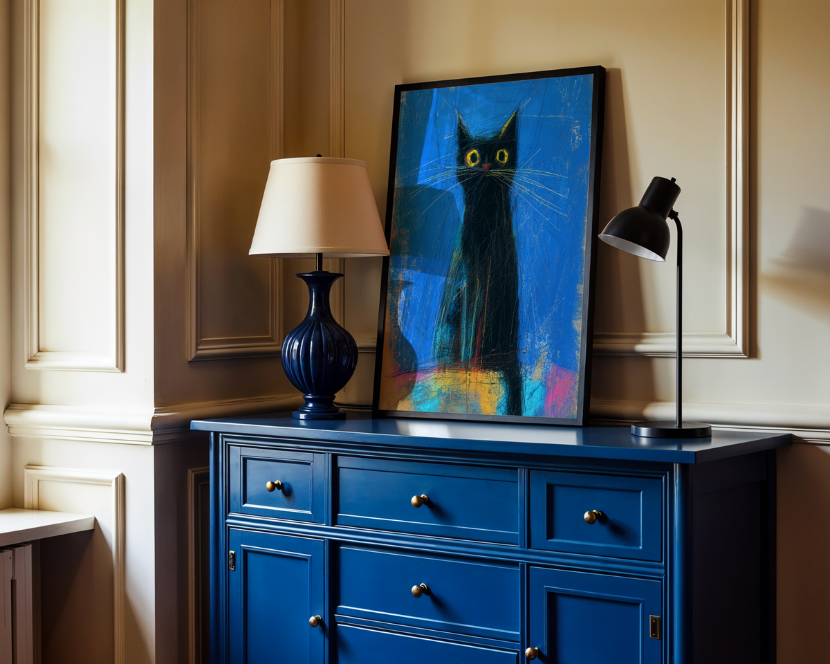 Mockup av Midnight Whisker Gaze affisch på vägg – köp enkelt hos Bozetto i hög kvalitet