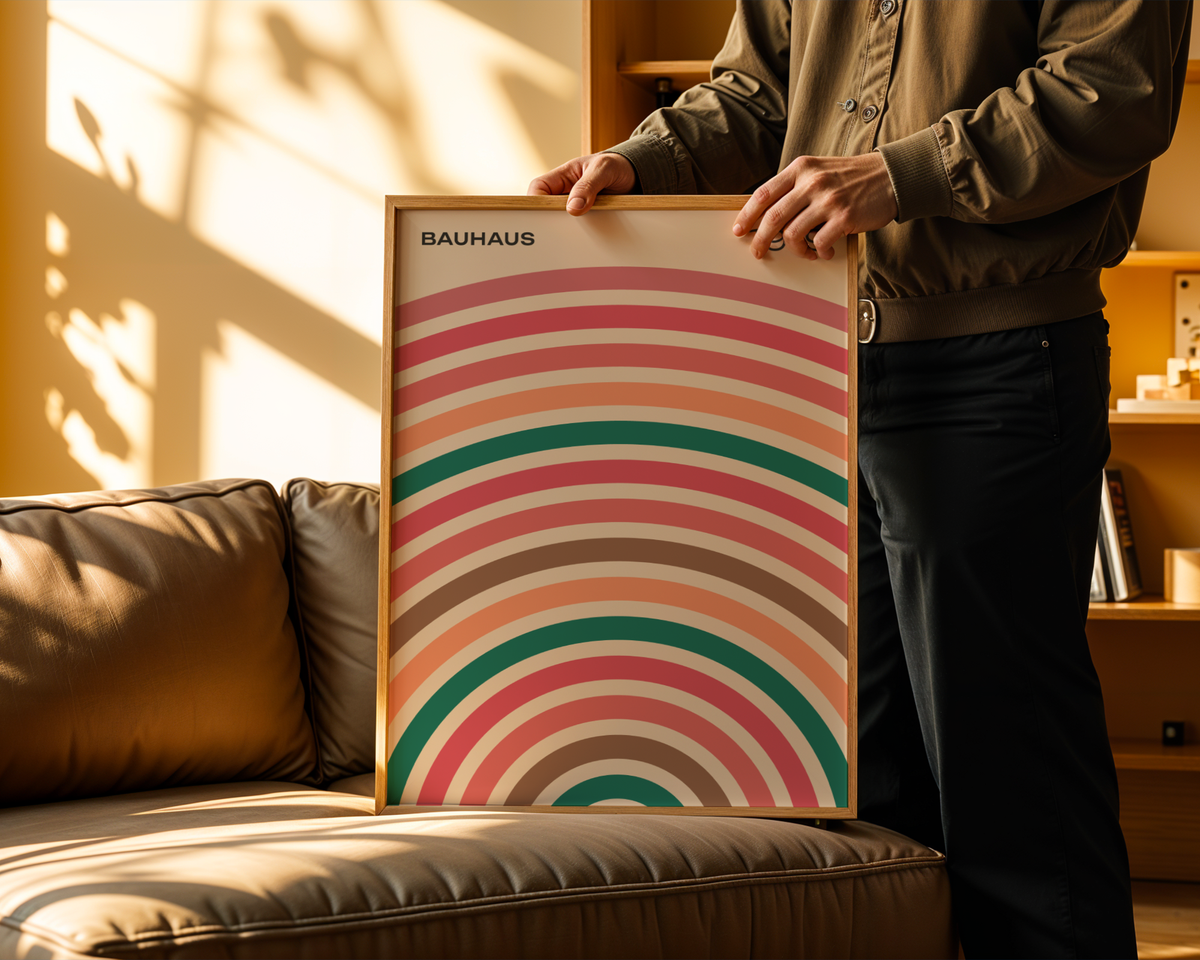 Mockup av Bauhaus Arches affisch på vägg – köp enkelt hos Bozetto i hög kvalitet