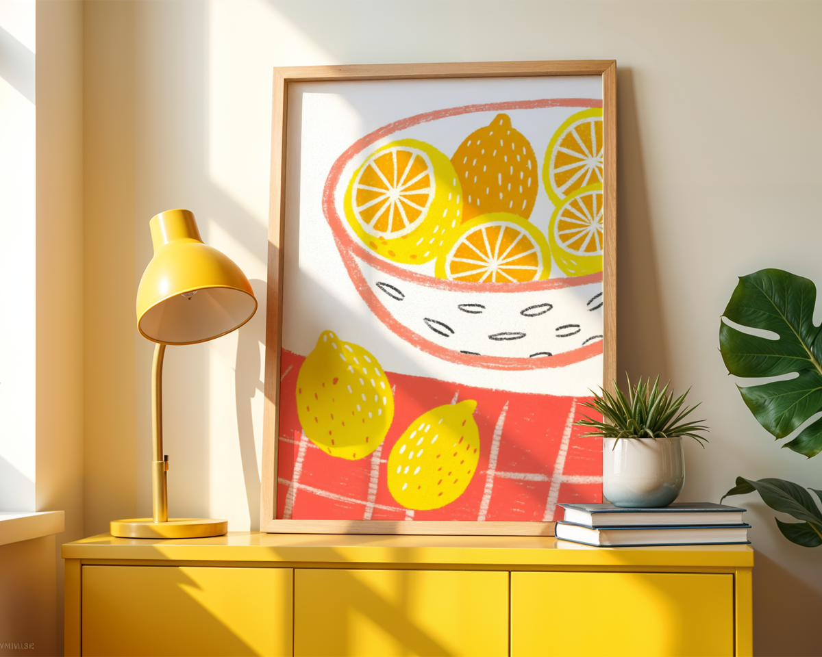 Väggmockup av Lemon Picnic affisch på ljus tegelvägg – Bozetto konsttryck i hög tryckkvalitet