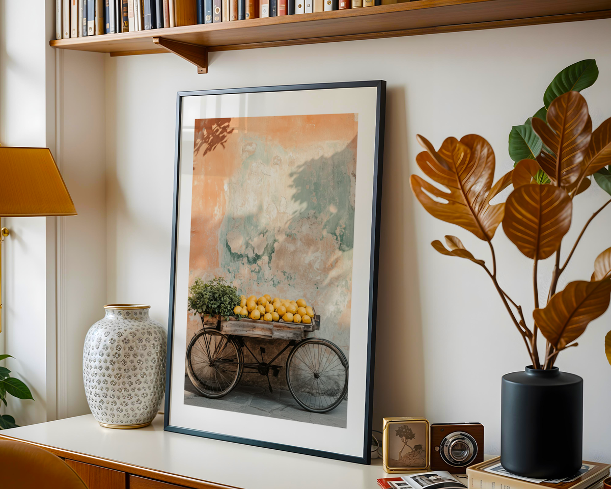 Mockup av Wheels & Citrus affisch på vägg – köp enkelt hos Bozetto i hög kvalitet