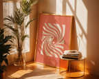 Mockup av Peach Spiral Flow affisch på vägg – köp enkelt hos Bozetto i hög kvalitet
