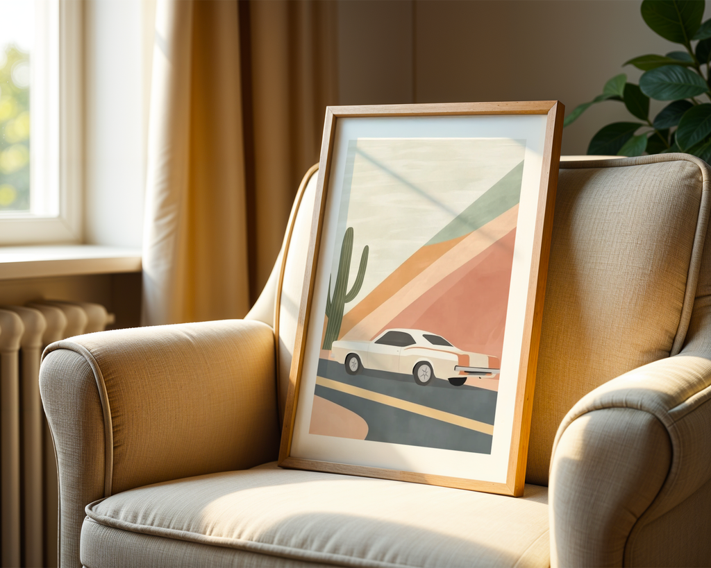 Väggmockup av Desert Drive affisch på ljus tegelvägg – Bozetto konsttryck i hög tryckkvalitet