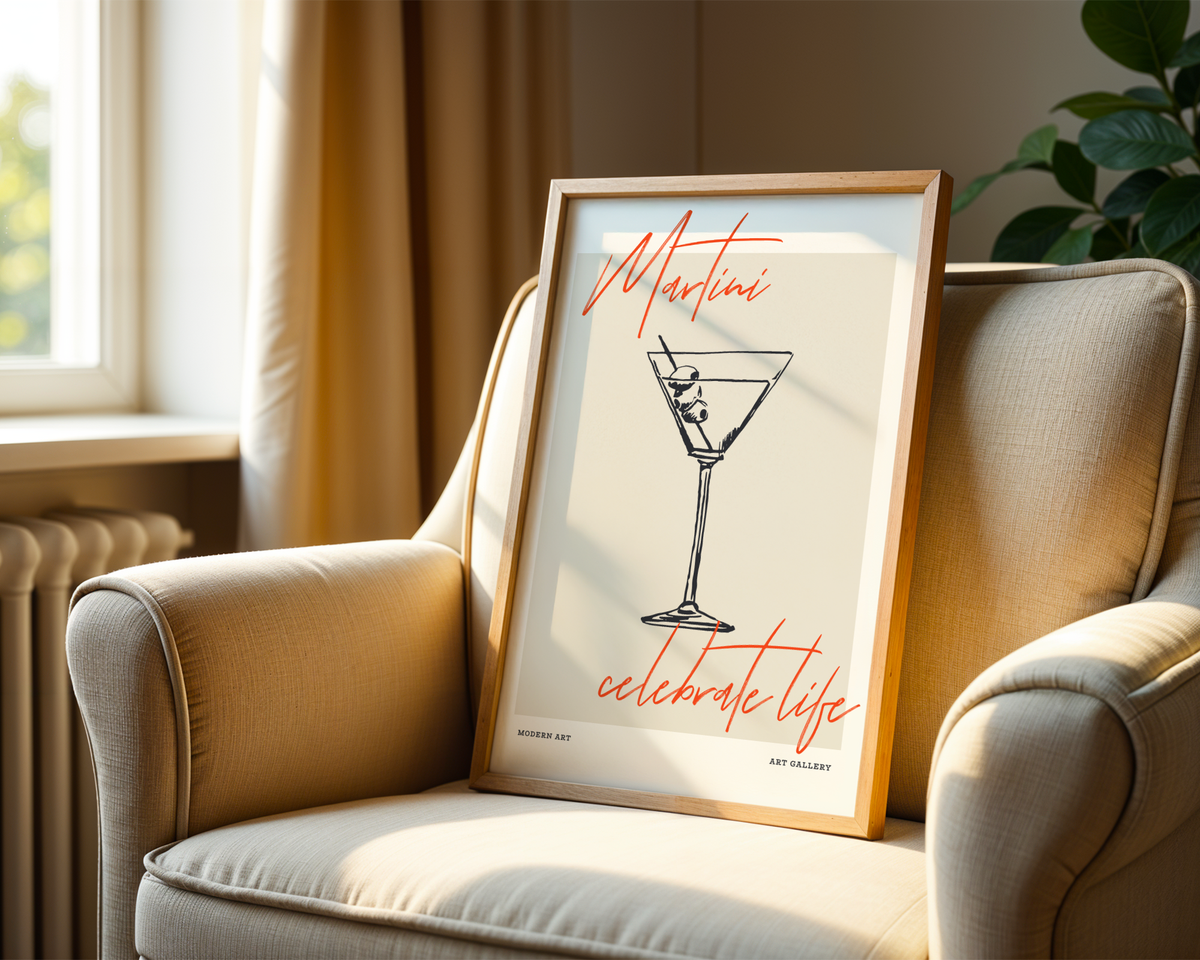 Mockup av Martini Celebrate Life affisch på vägg – köp enkelt hos Bozetto i hög kvalitet