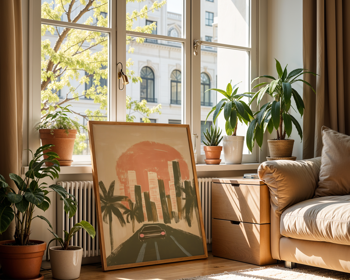 Mockup av Golden Hour Exit affisch på vägg – köp enkelt hos Bozetto i hög kvalitet