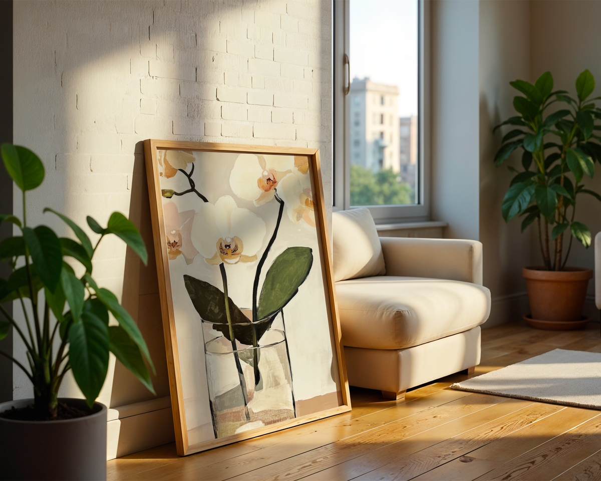 Mockup av Wild Daisy Field affisch på vägg – köp enkelt hos Bozetto i hög kvalitet