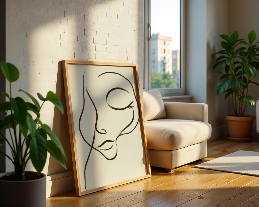 Mockup av Dreamy Line Art Face affisch på vägg – köp enkelt hos Bozetto i hög kvalitet