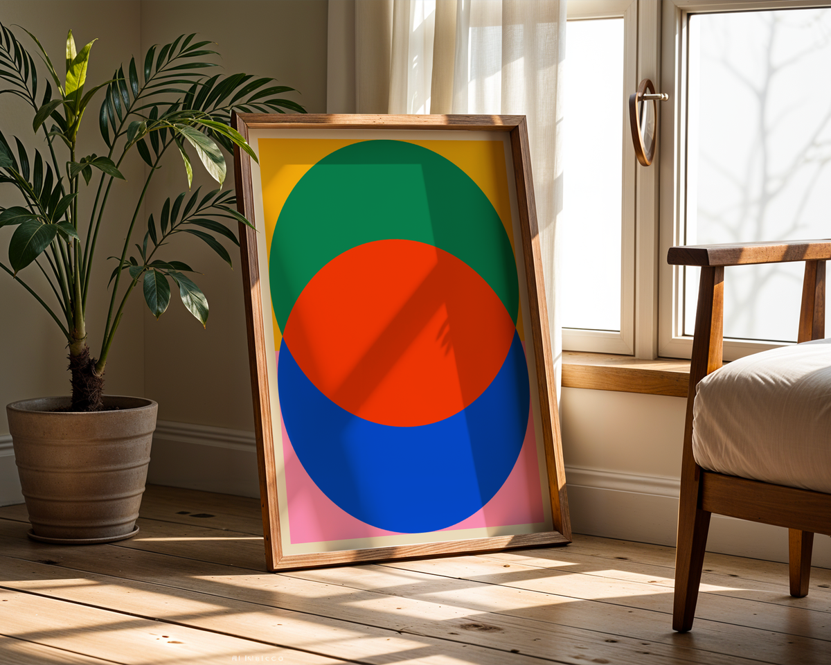 Mockup av Bauhaus Circles affisch på vägg – köp enkelt hos Bozetto i hög kvalitet