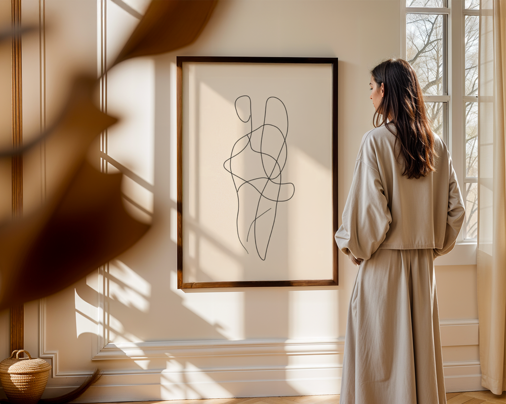 Mockup av Entwined Bodies Line Art affisch på vägg – köp enkelt hos Bozetto i hög kvalitet