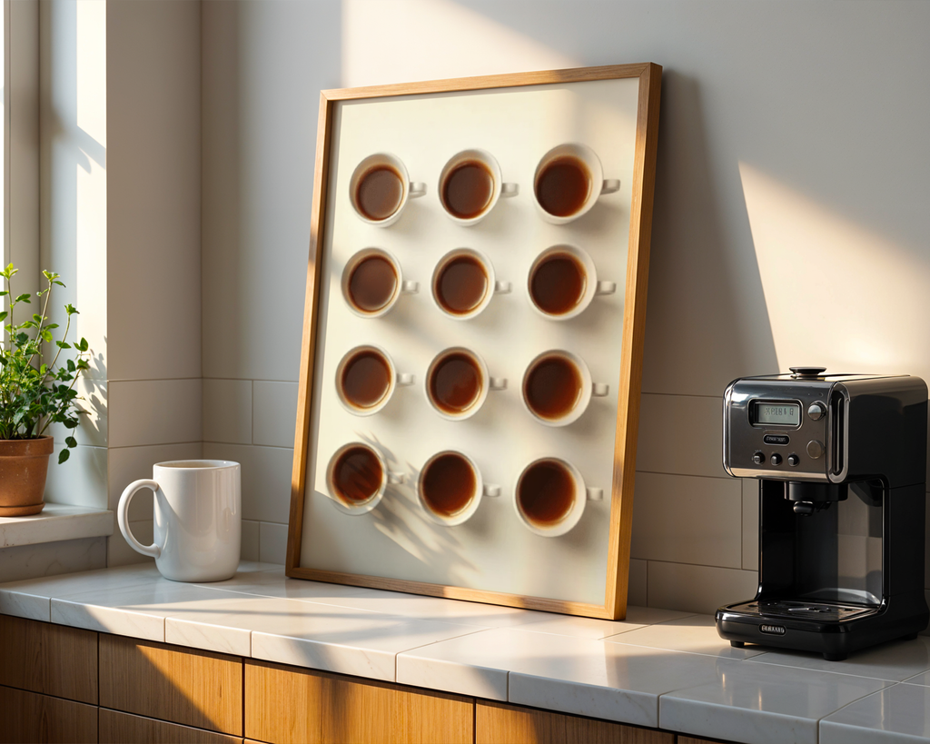 Väggmockup av Coffe Variant affisch på ljus tegelvägg – Bozetto konsttryck i hög tryckkvalitet