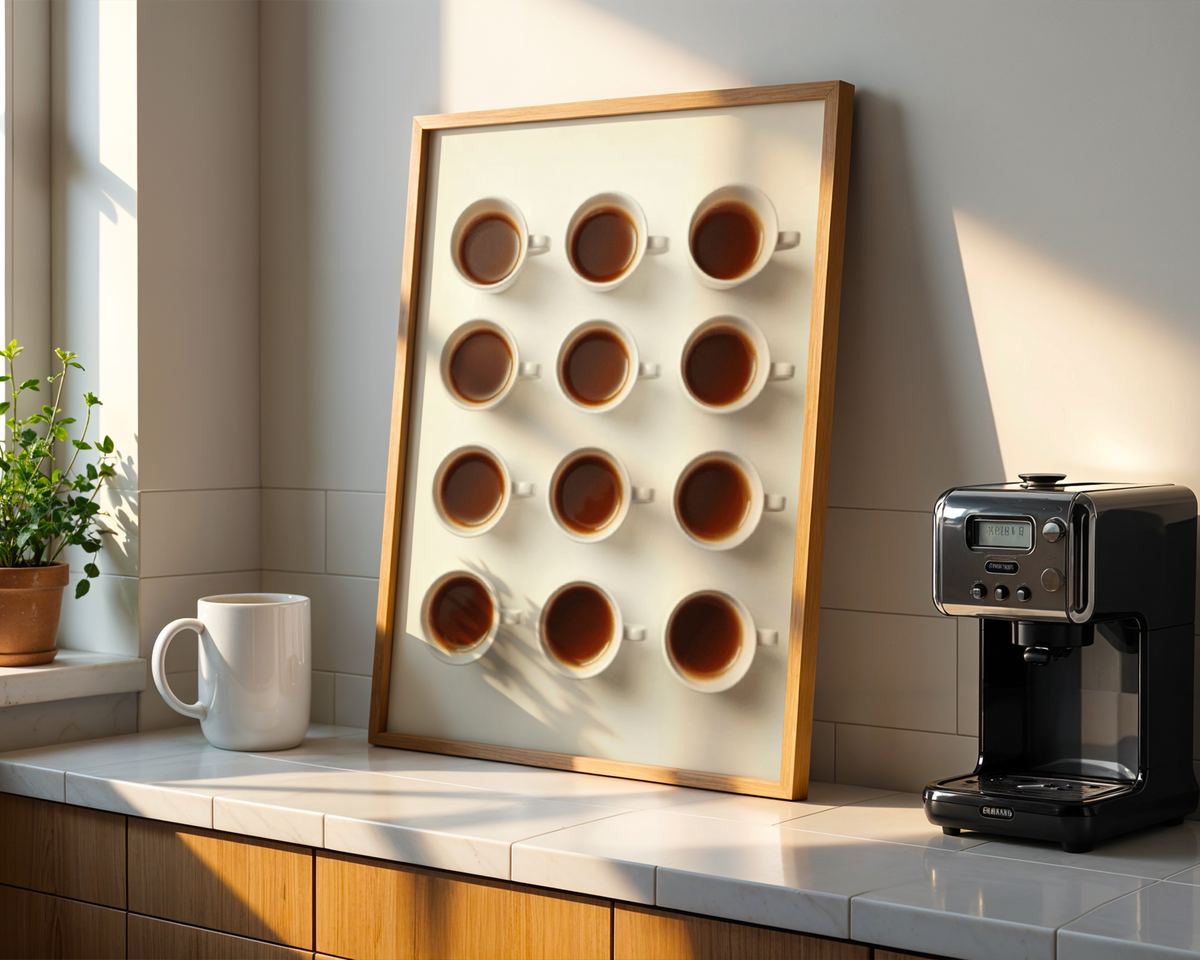 Väggmockup av Coffe Variant affisch på ljus tegelvägg – Bozetto konsttryck i hög tryckkvalitet
