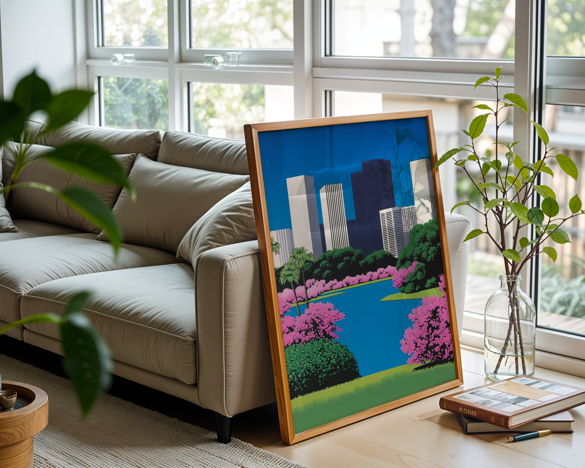 Mockup av City Park Illustration affisch på vägg – köp enkelt hos Bozetto i hög kvalitet