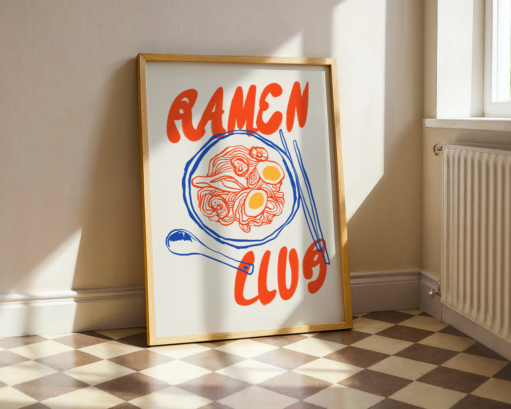 Väggmockup av Ramen Club affisch på ljus tegelvägg – Bozetto konsttryck i hög tryckkvalitet