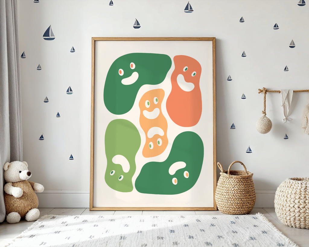 Mockup av Happy Blobs Abstract affisch på vägg – köp enkelt hos Bozetto i hög kvalitet
