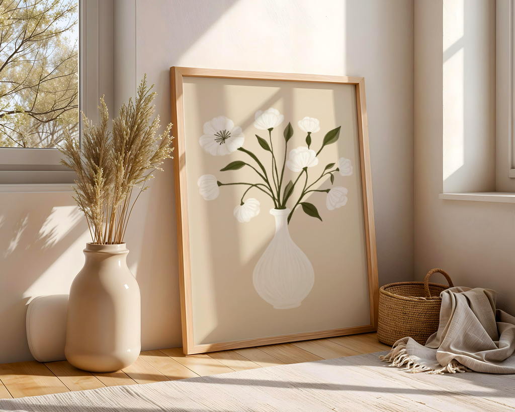 Mockup av Minimalist Floral White Vase affisch på vägg – köp enkelt hos Bozetto i hög kvalitet