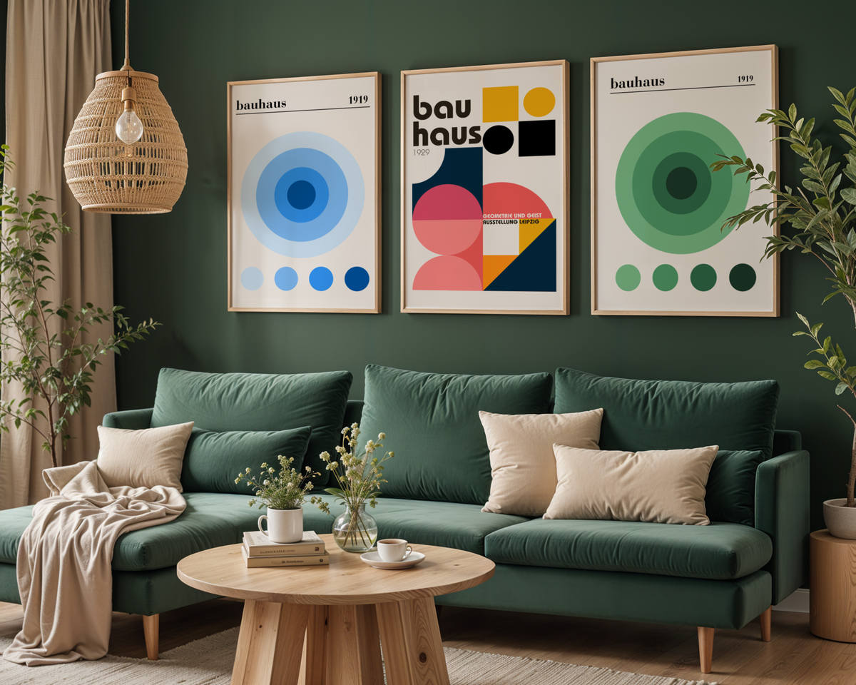 Bundle 3-pack Bauhaus Geometric Harmony visualiserad i interiör – postercollection hos Bozetto