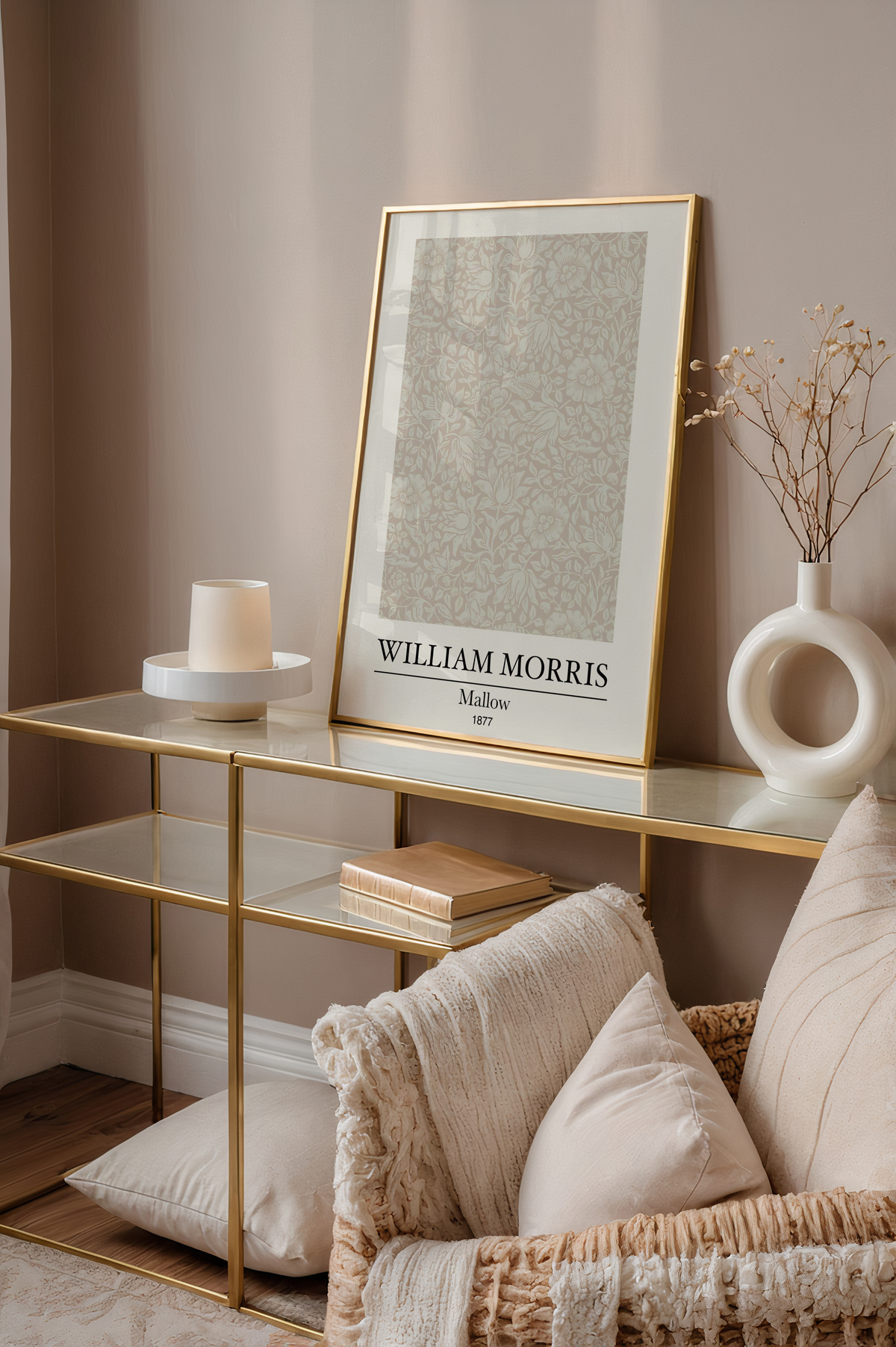 Mockup av William Morris Mallow affisch på vägg – köp enkelt hos Bozetto i hög kvalitet