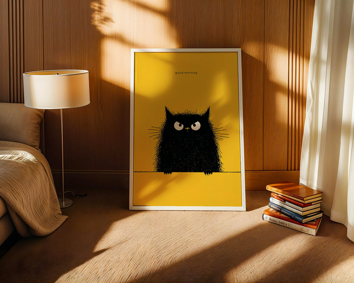 Good Morning Poster – lurvig svart katt på gul bakgrund på vägg i inrett rum, fri frakt över 499 kr