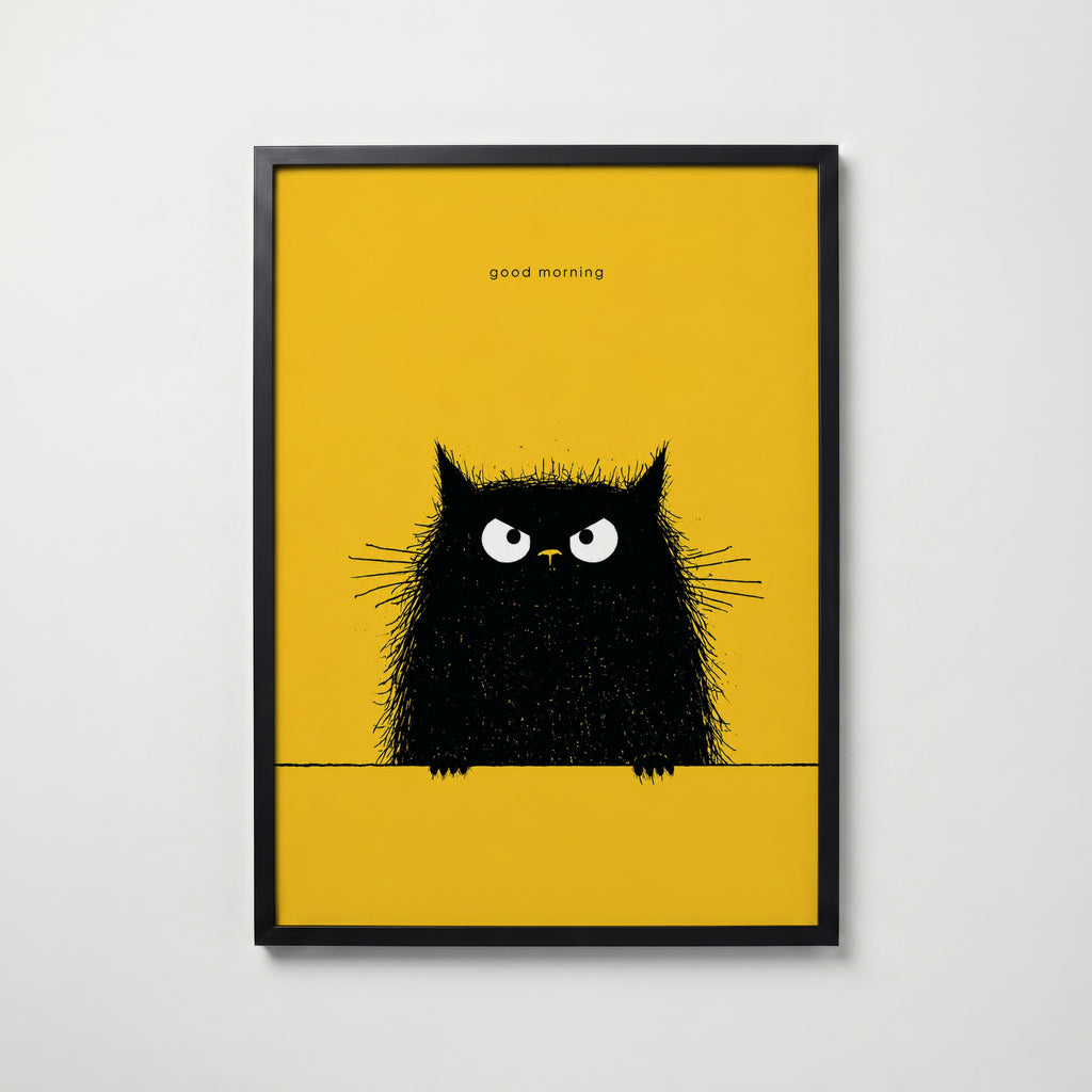 Good Morning Poster – lurvig svart katt på gul bakgrund i svart ram, tryckt i Sverige