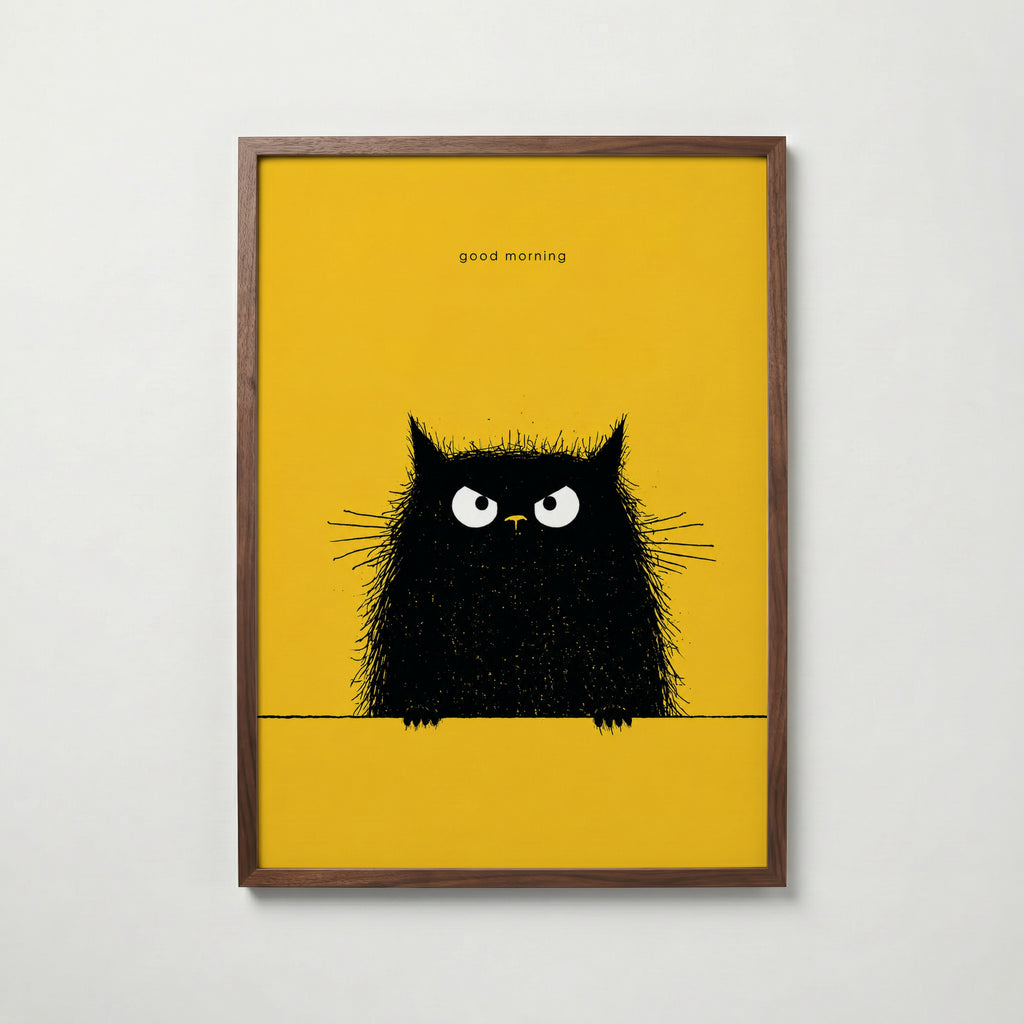 Good Morning Poster – lurvig svart katt på gul bakgrund i valnötsram, konst från Bozetto