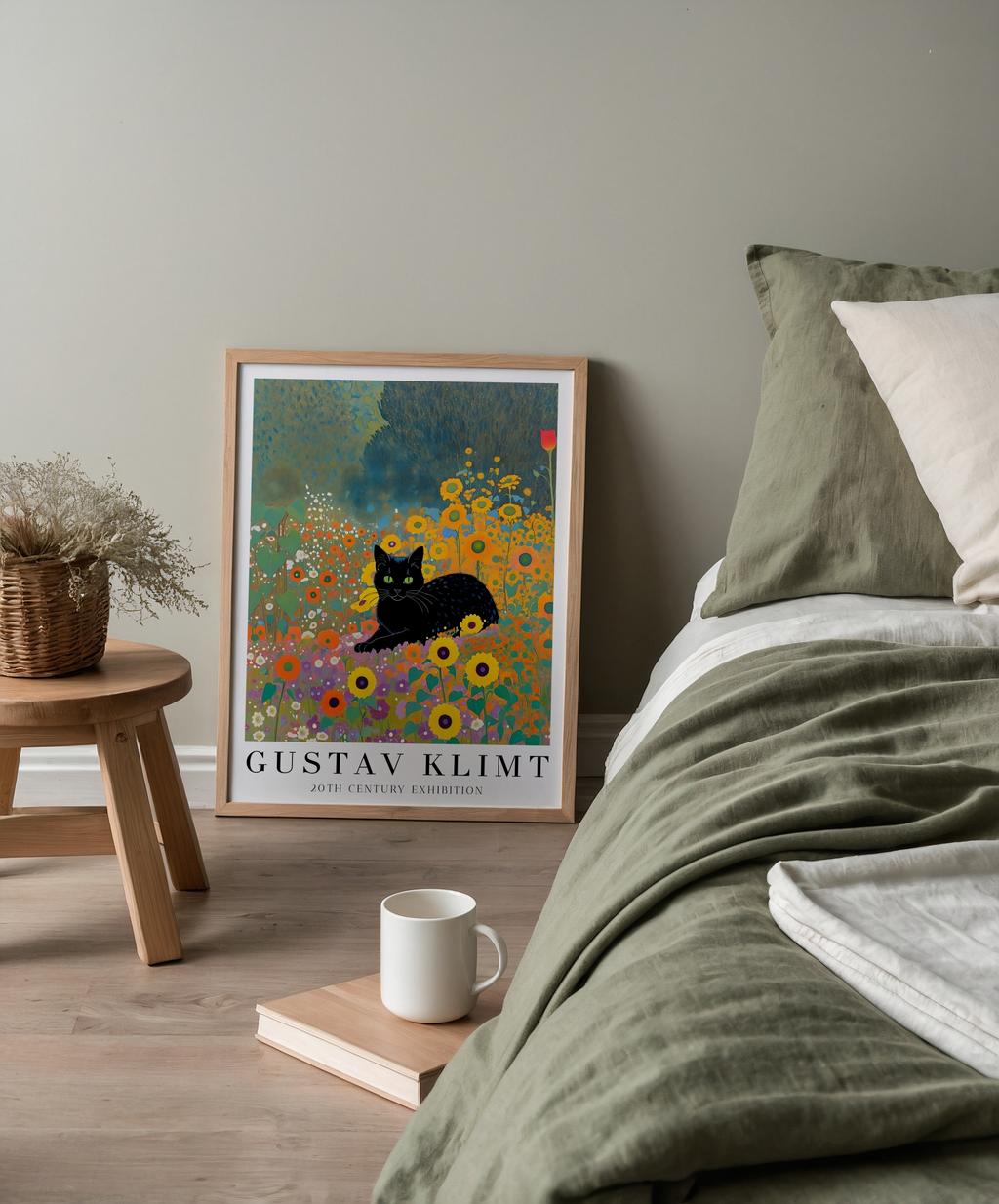 Mockup av Gustav Klimt Garden Cat affisch på vägg – köp enkelt hos Bozetto i hög kvalitet
