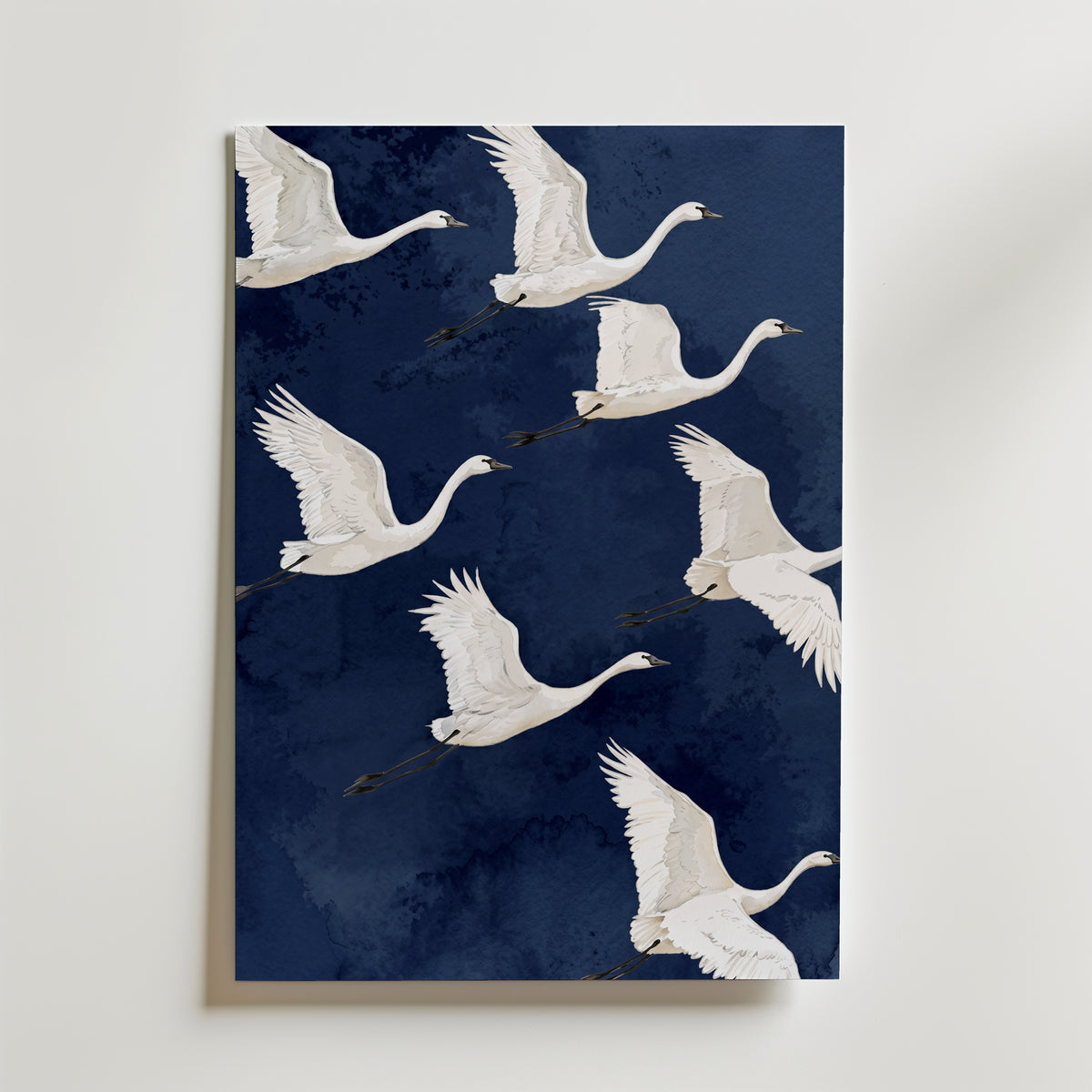 Ivory Wing Poster – vita tranor i flykt mot djupblå akvarellbakgrund