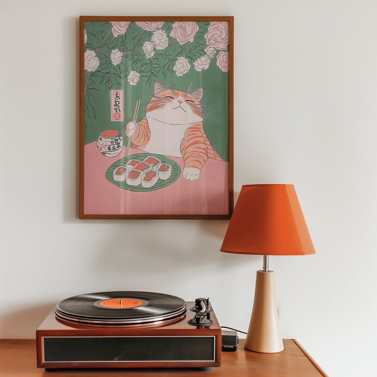 Väggmockup av Sushi Cat Delight affisch på ljus vägg – Bozetto konsttryck – nr 2
