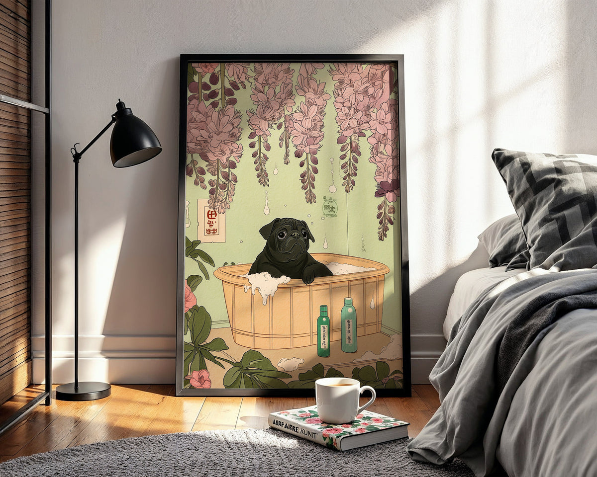 Wisteria Spa Dog poster visualiserad på vägg – se rätt storlek med mockup från Bozetto