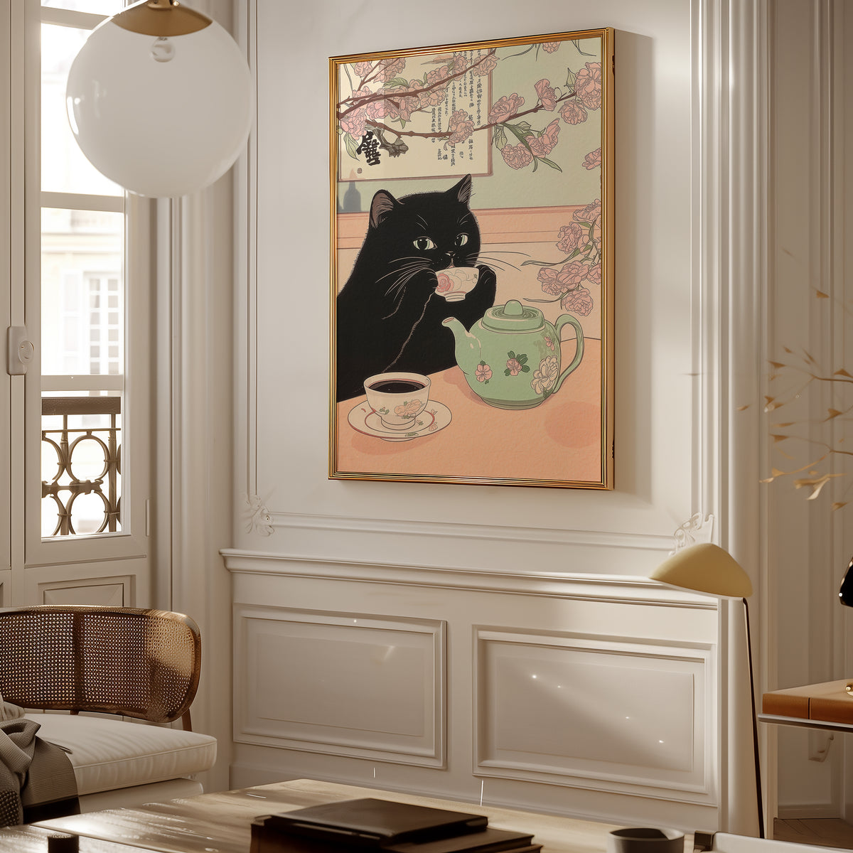 Väggmockup av Sakura Tea Cat affisch på ljus tegelvägg – Bozetto konsttryck i hög tryckkvalitet