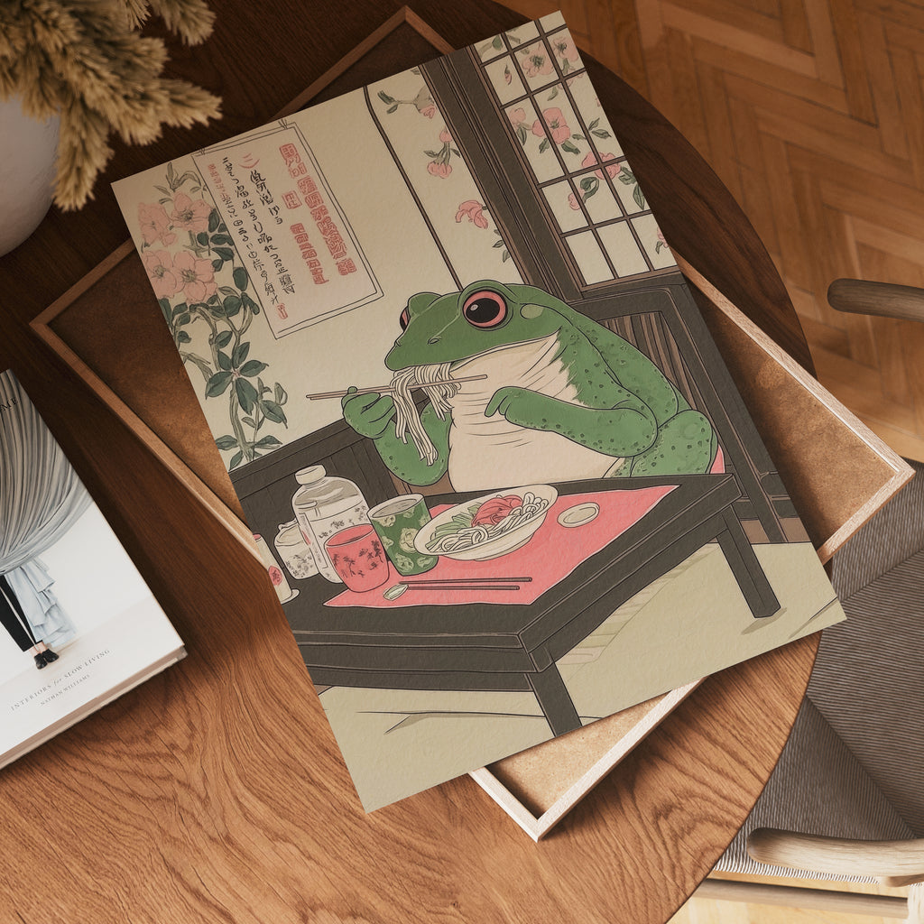 Ramen Frog i väggmockup – konsttryck presenterat i verklig miljö av Bozetto i hög tryckkvalitet