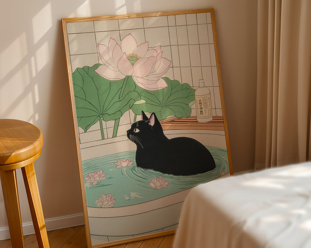 Serene Black Cat poster visualiserad på vägg – se rätt storlek med mockup från Bozetto